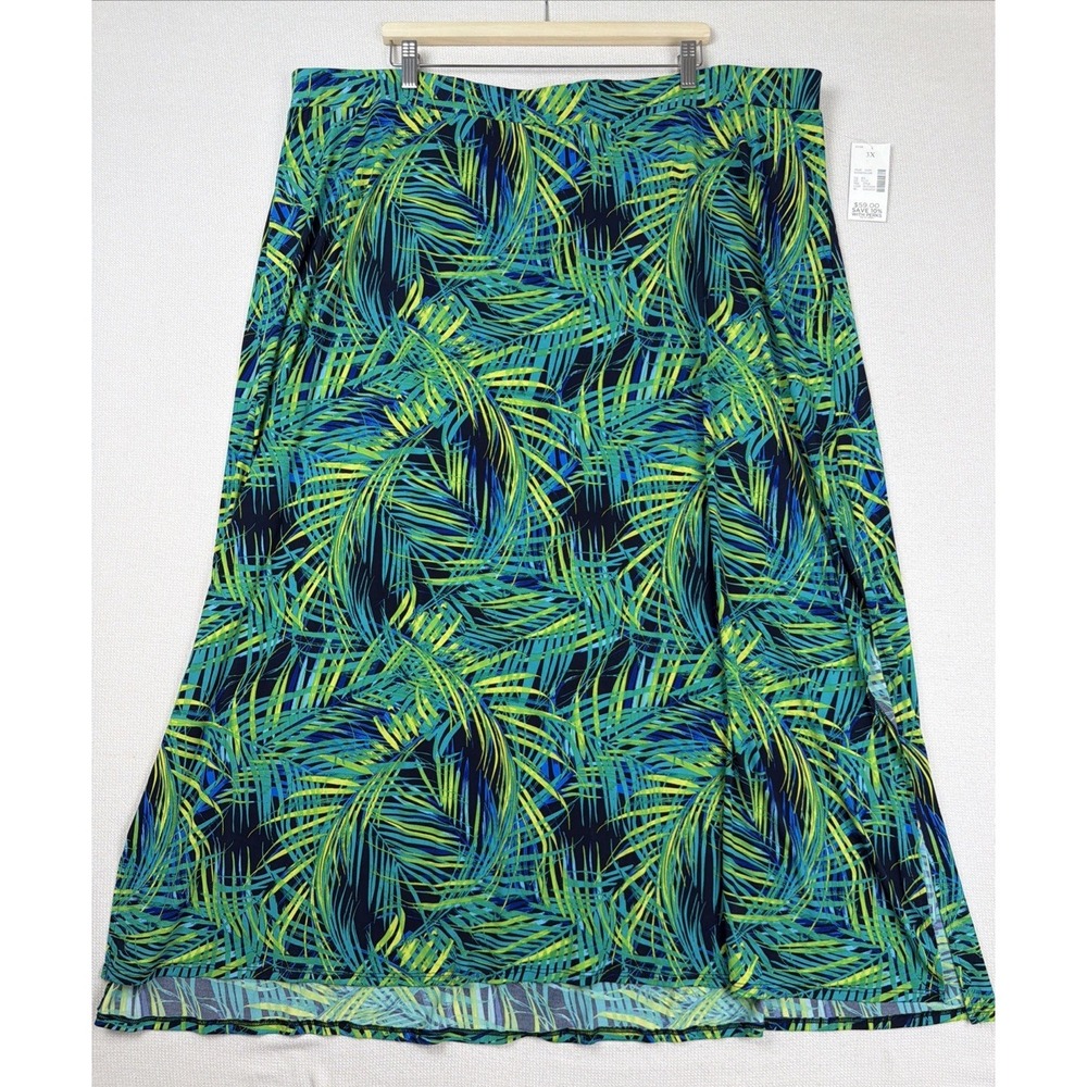 Catherines Maxi Blue Green Tropical Print Skirt Size 3X Plus 26/28W NWT Stretchy